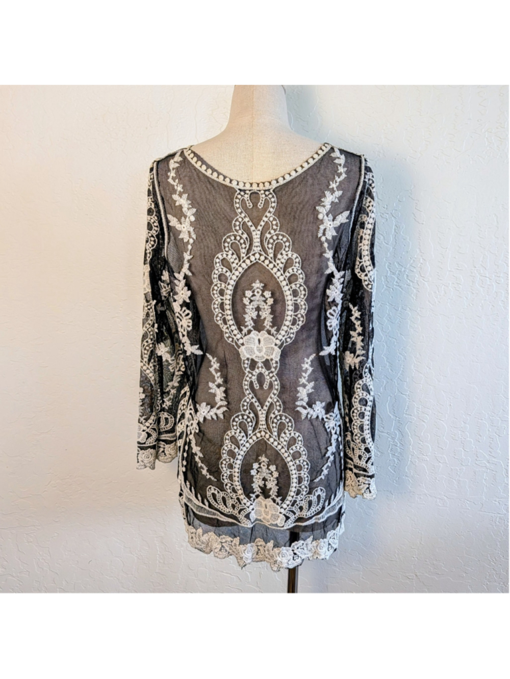 YouareNotAlone Black Mesh Embroidered Lace Boho Tunic Top Small Festival Romance - Picture 5 of 11